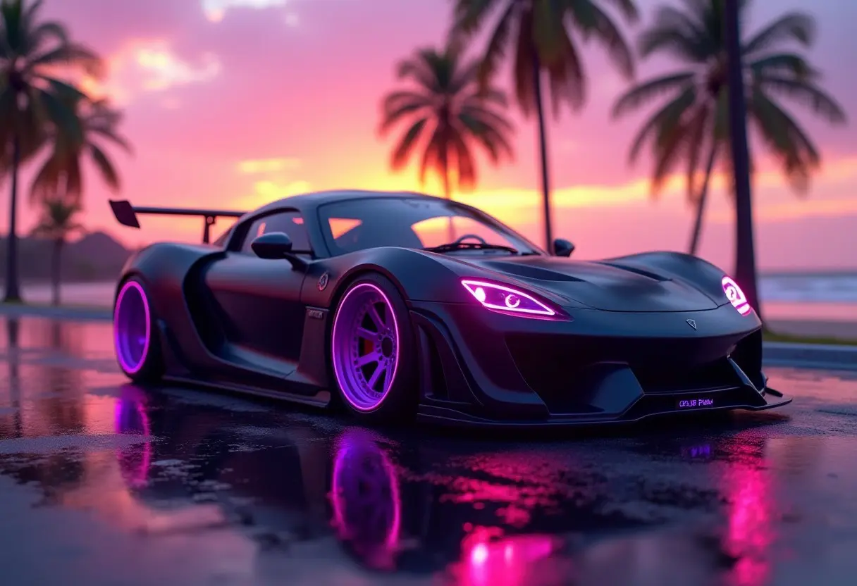 matte black sports car with purple neon wheels